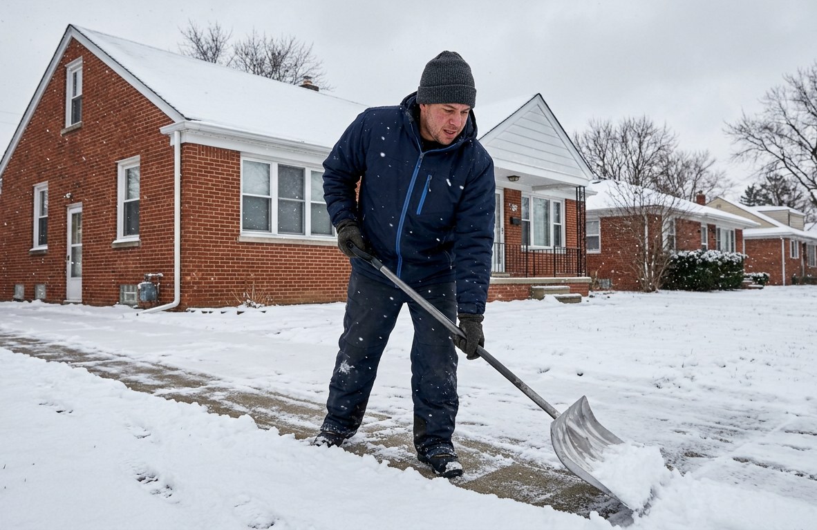 Snow removal crew clearing a residential driveway in Gary, Indiana with a plow truck