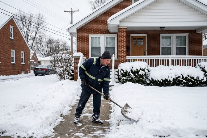 Worker shoveling a residential walkway in front of a home