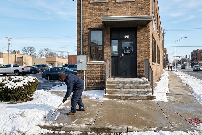 Commercial building entrance cleared of snow with a clear walkway and de-iced steps