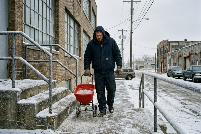 Worker spreading de-icing salt on a walkway and steps in winter