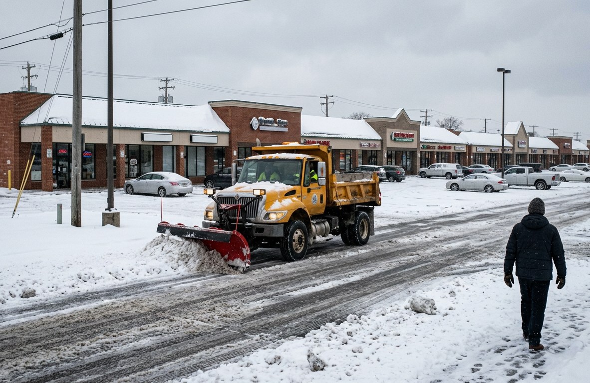 Snow-covered commercial parking lot being cleared by a plow truck