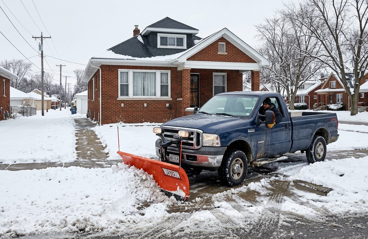 Plow truck clearing a residential driveway in a snowy neighborhood