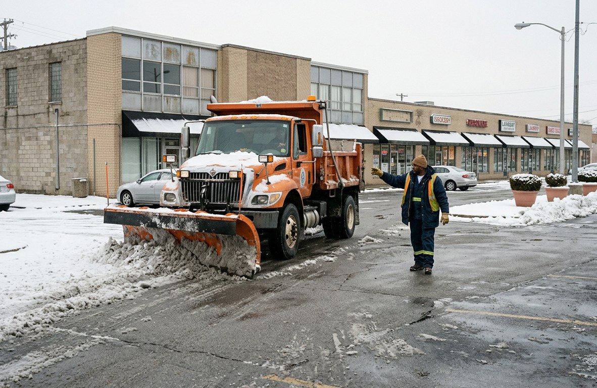 Plow truck clearing a commercial parking lot in front of a storefront