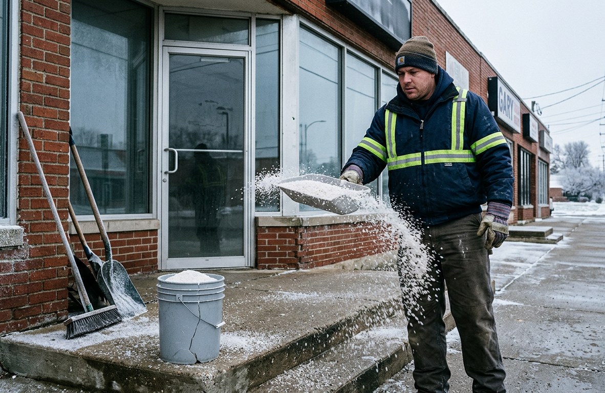 Worker spreading de-icing salt on a commercial walkway and steps in winter