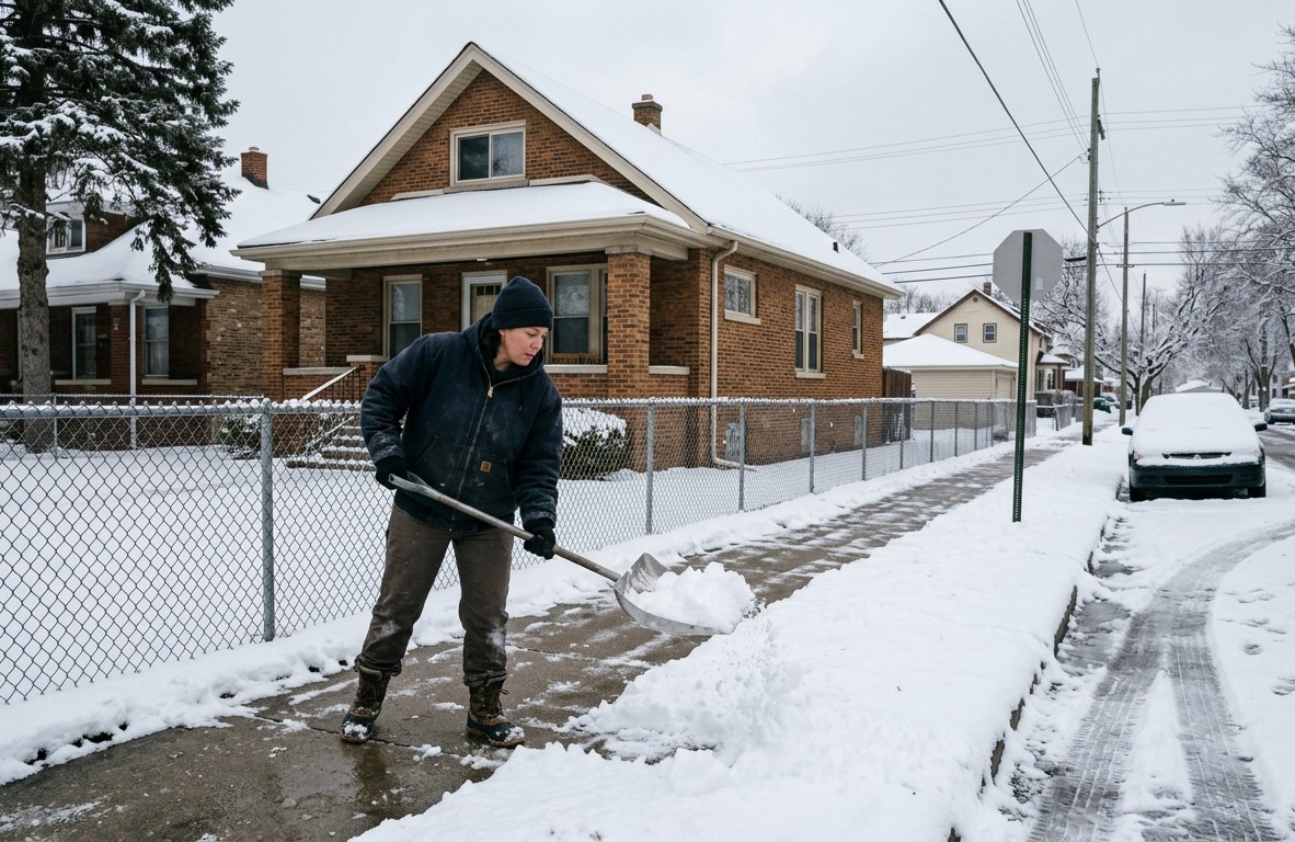 Worker clearing snow from a residential sidewalk with a shovel