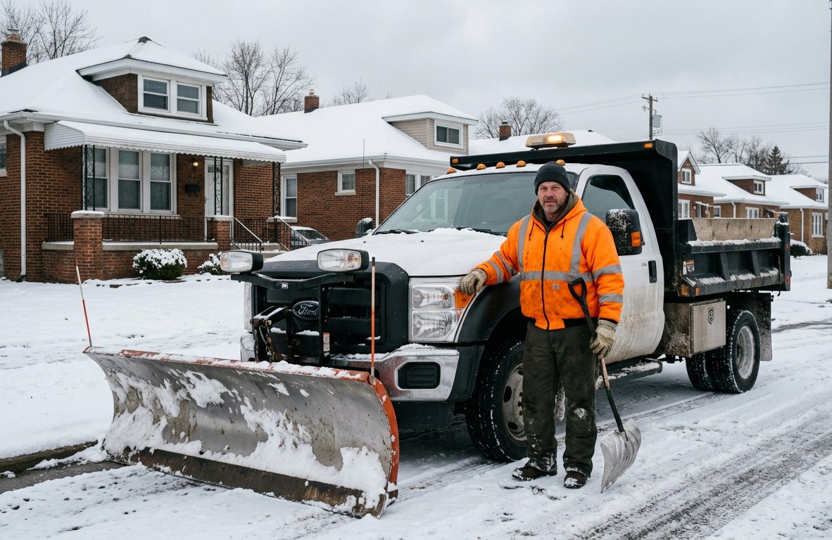 Snow removal crew member in winter gear standing beside a plow truck in a snowy neighborhood
