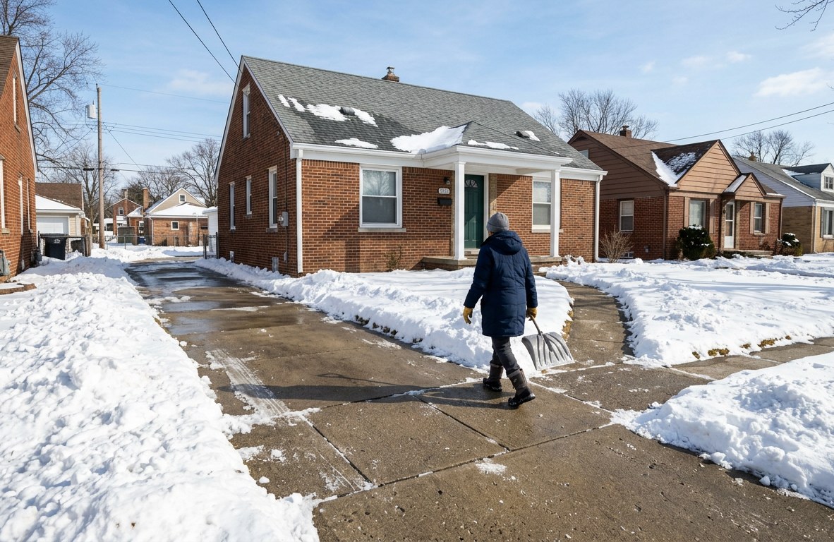 Clear driveway and walkway after a snowstorm in a neighborhood